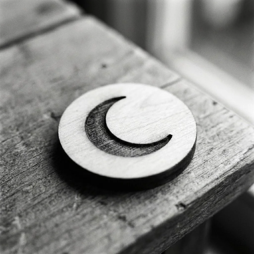 Black and white photo of a wooden round piece with a crescent moon shape carved into it, placed on a wooden surface.