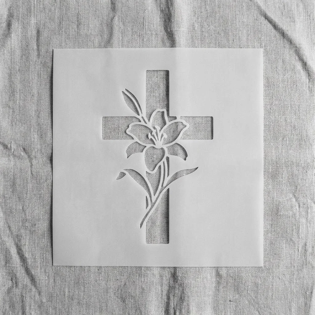White paper with a cutout of a cross and a lily flower on a textured surface.