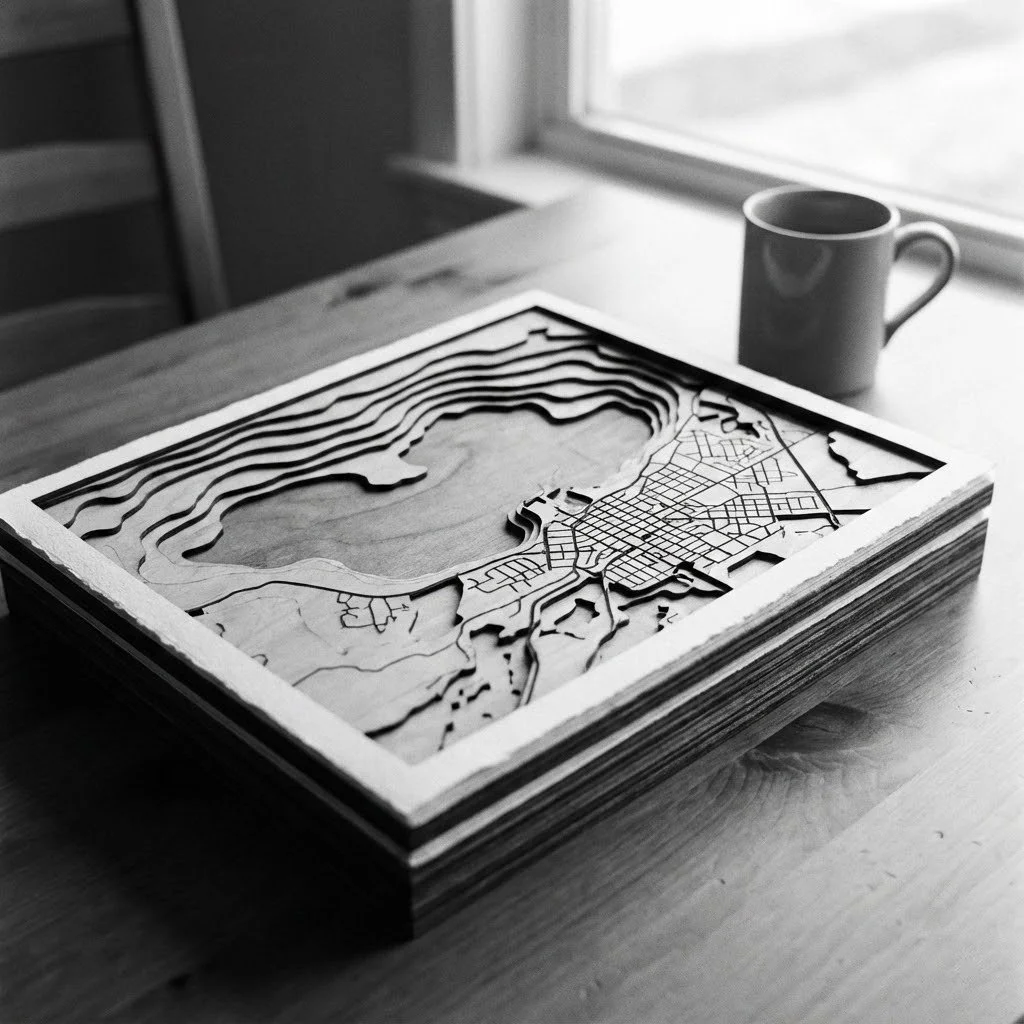 A wooden topographical map of a lake and surrounding city on a table, with a coffee mug nearby.