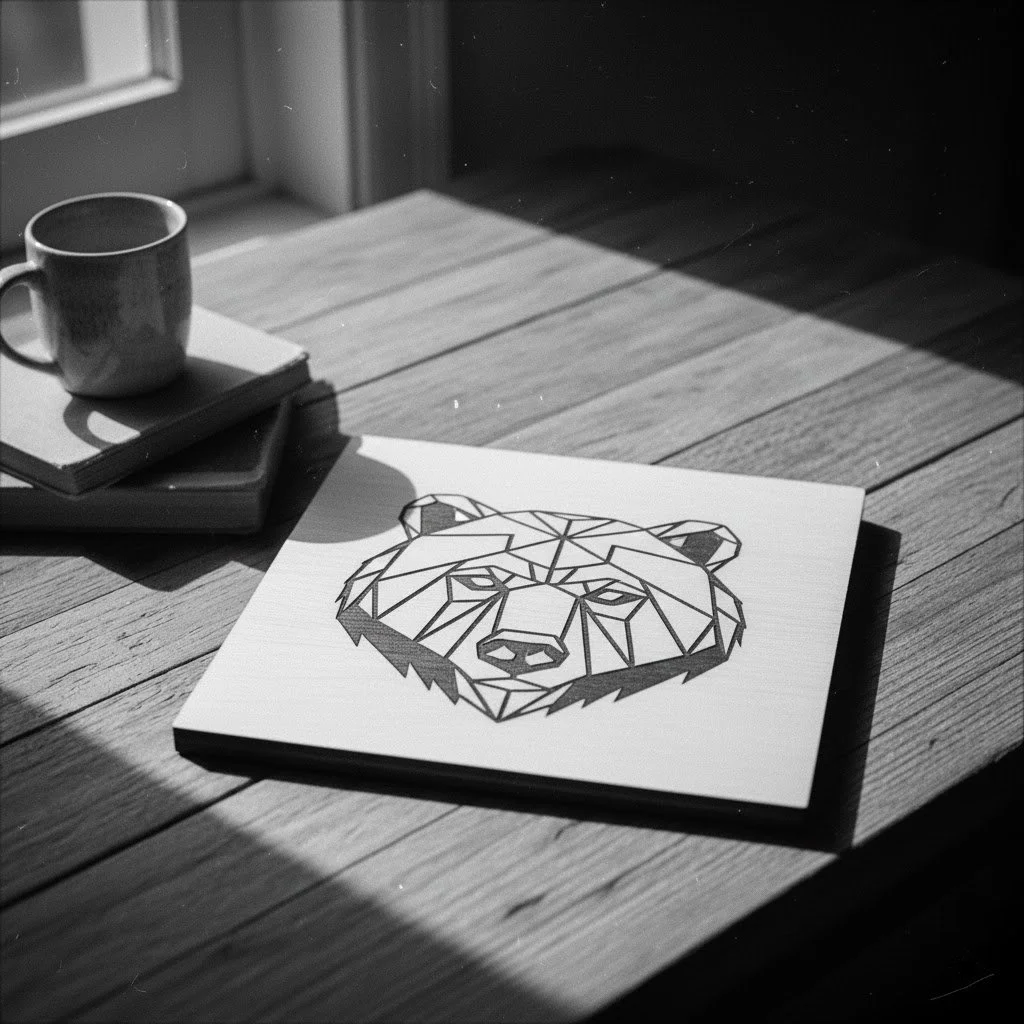A geometric line art drawing of a bear's face on a piece of paper on a wooden table, with a coffee mug and a couple of books nearby.