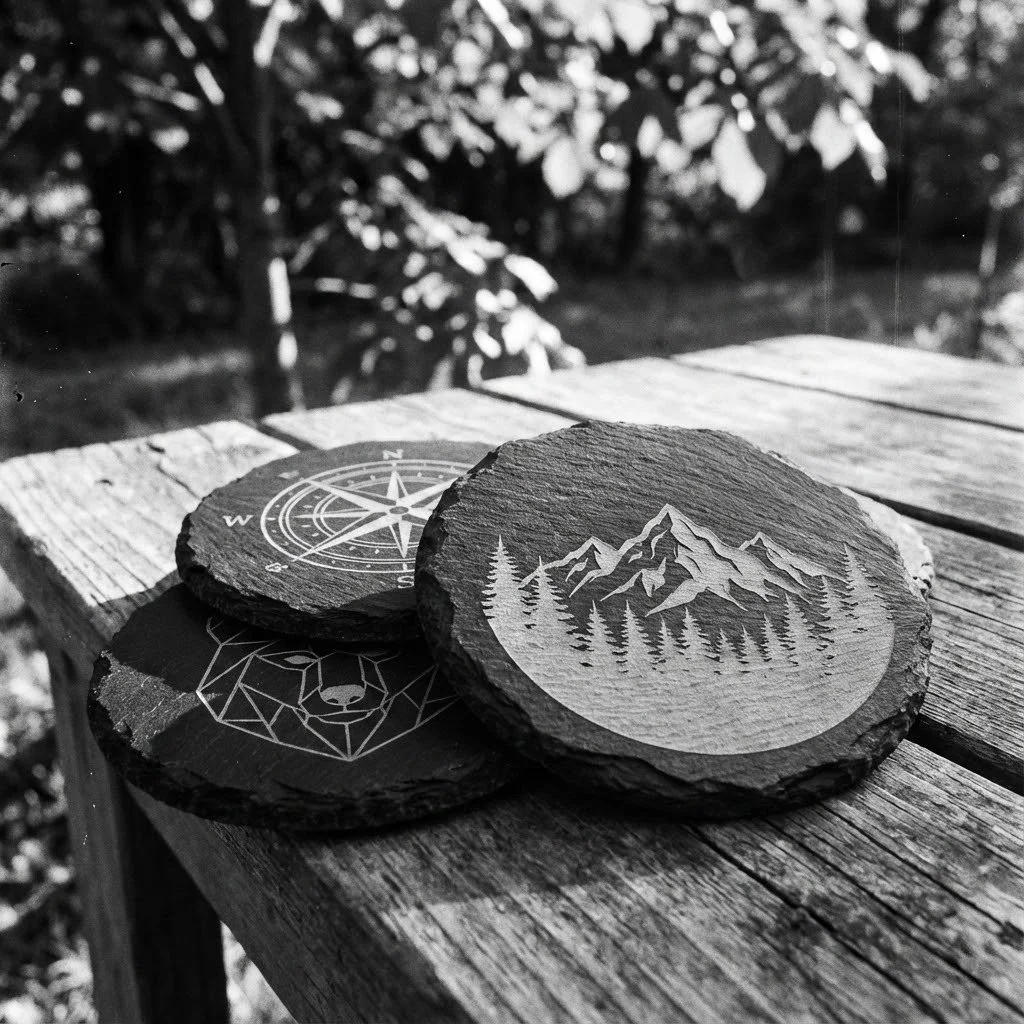 Three round engraved coasters on a weathered wooden surface, with trees and foliage in the background.