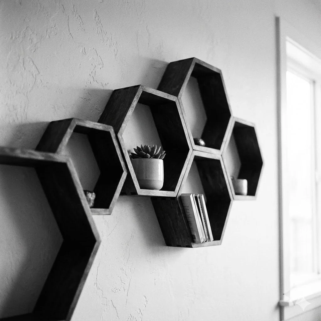 Black and white photo of hexagonal wooden wall shelves arranged in a honeycomb pattern on a textured wall, holding a small potted succulent, books, and decorative objects near a window.