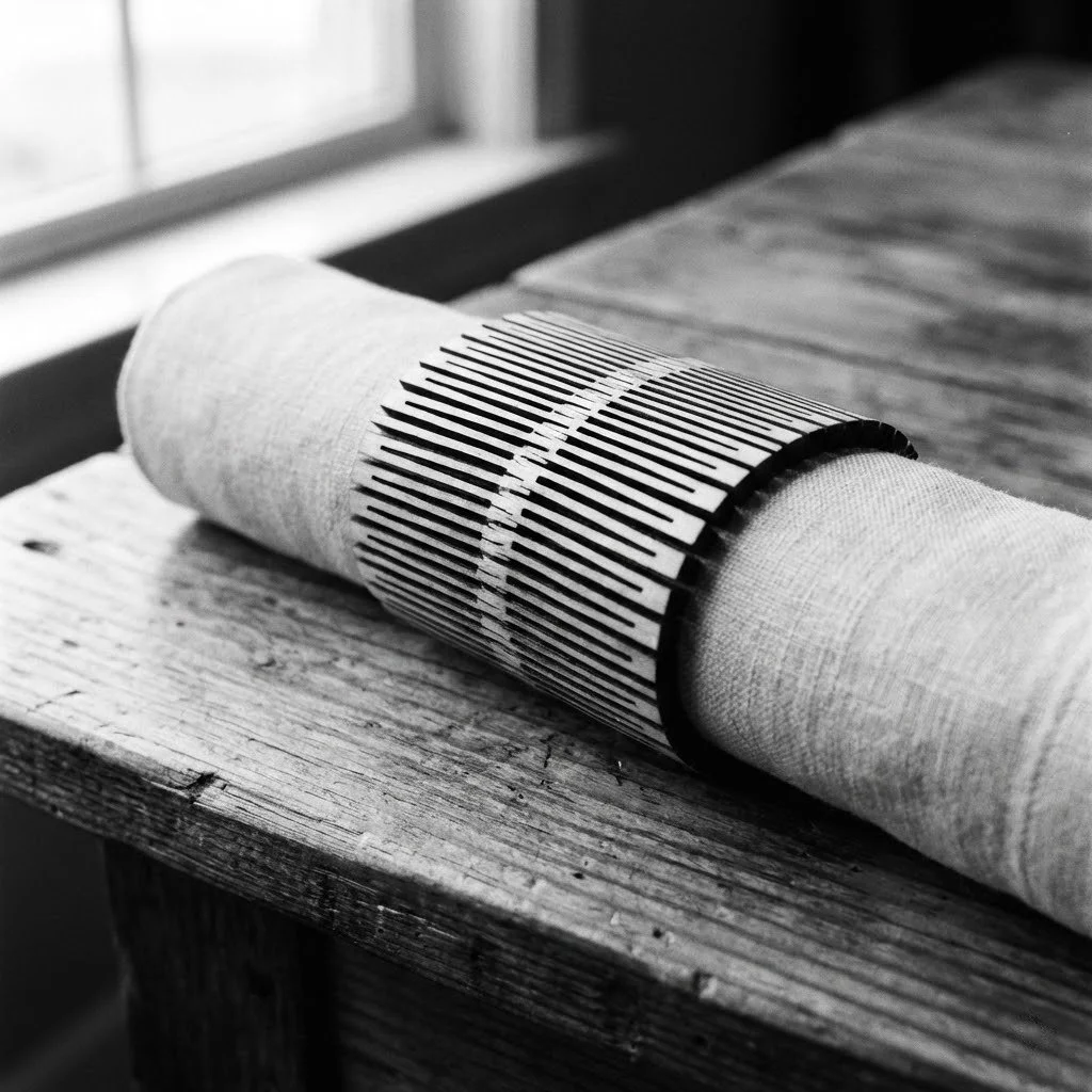 A rolled-up fabric with black and white barcode pattern on a wooden surface near a window in black and white.