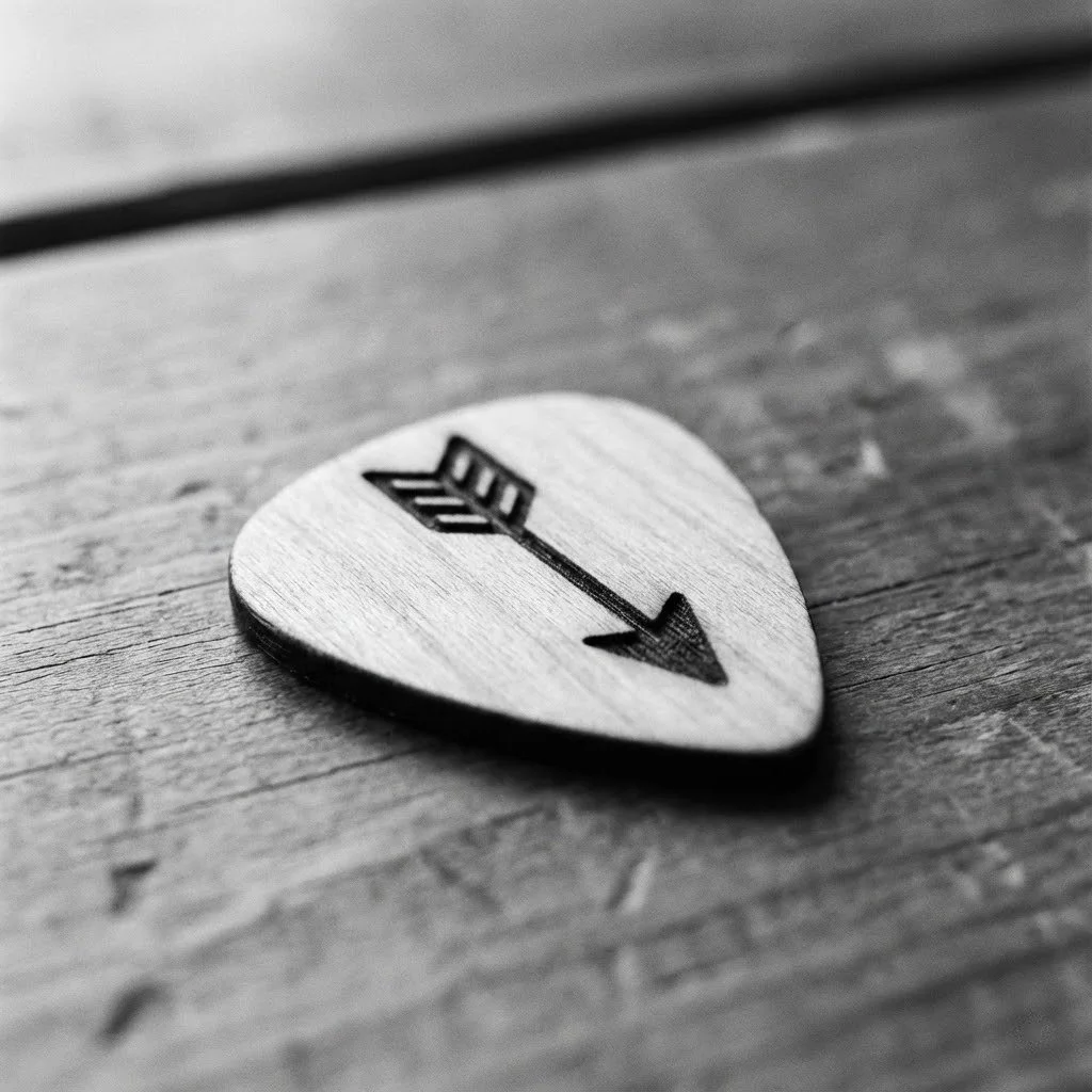 A guitar pick with a downward arrow and the word 'drop' on it, placed on a wooden surface.