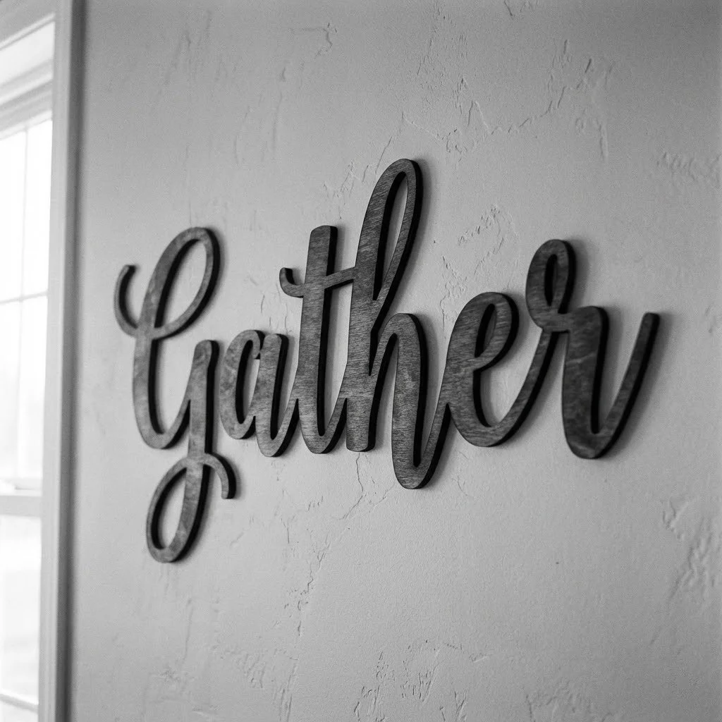 Decorative wooden sign on a white textured wall that says "gather" in cursive script.