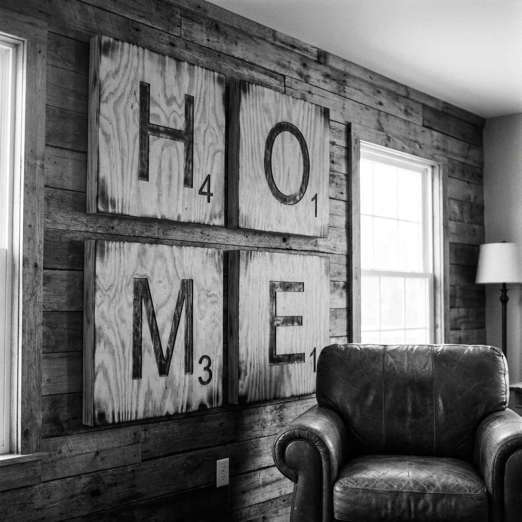 Decorative wooden wall art spelling out "HOME" with Scrabble tiles in a rustic living room.