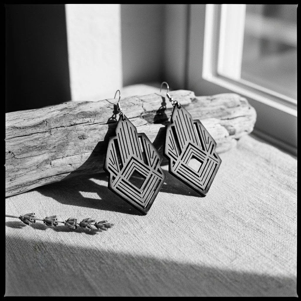 Black and white photo of geometric patterned earrings hanging from a piece of driftwood near a window, with a sprig of lavender on a cloth surface.