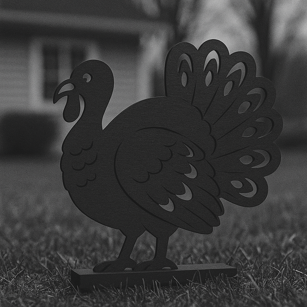 A black metal Thanksgiving turkey decoration with detailed feathers, standing on a yard in front of a house.