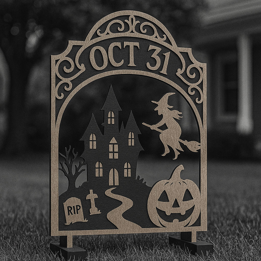 Decorative Halloween yard sign with a haunted house, a witch riding a broomstick, a carved pumpkin, a tombstone labeled 'RIP', and the date October 31 at the top.