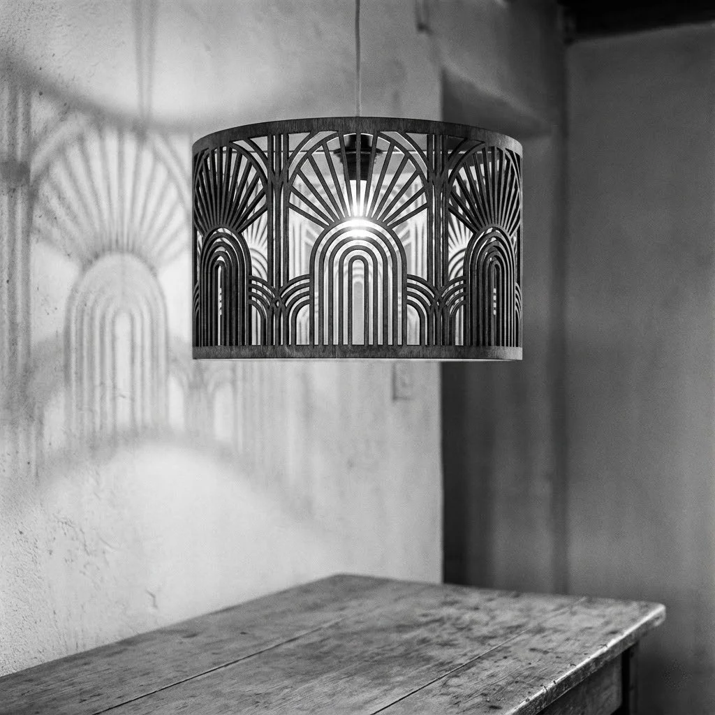Decorative wooden lampshade hanging above a wooden table, casting patterned shadows on the wall in black and white.