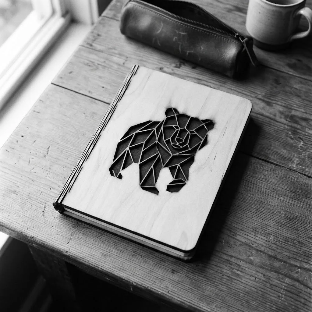 A wooden journal with a geometric bear design on the cover, placed on a wooden table next to a leather pencil case and a coffee mug.