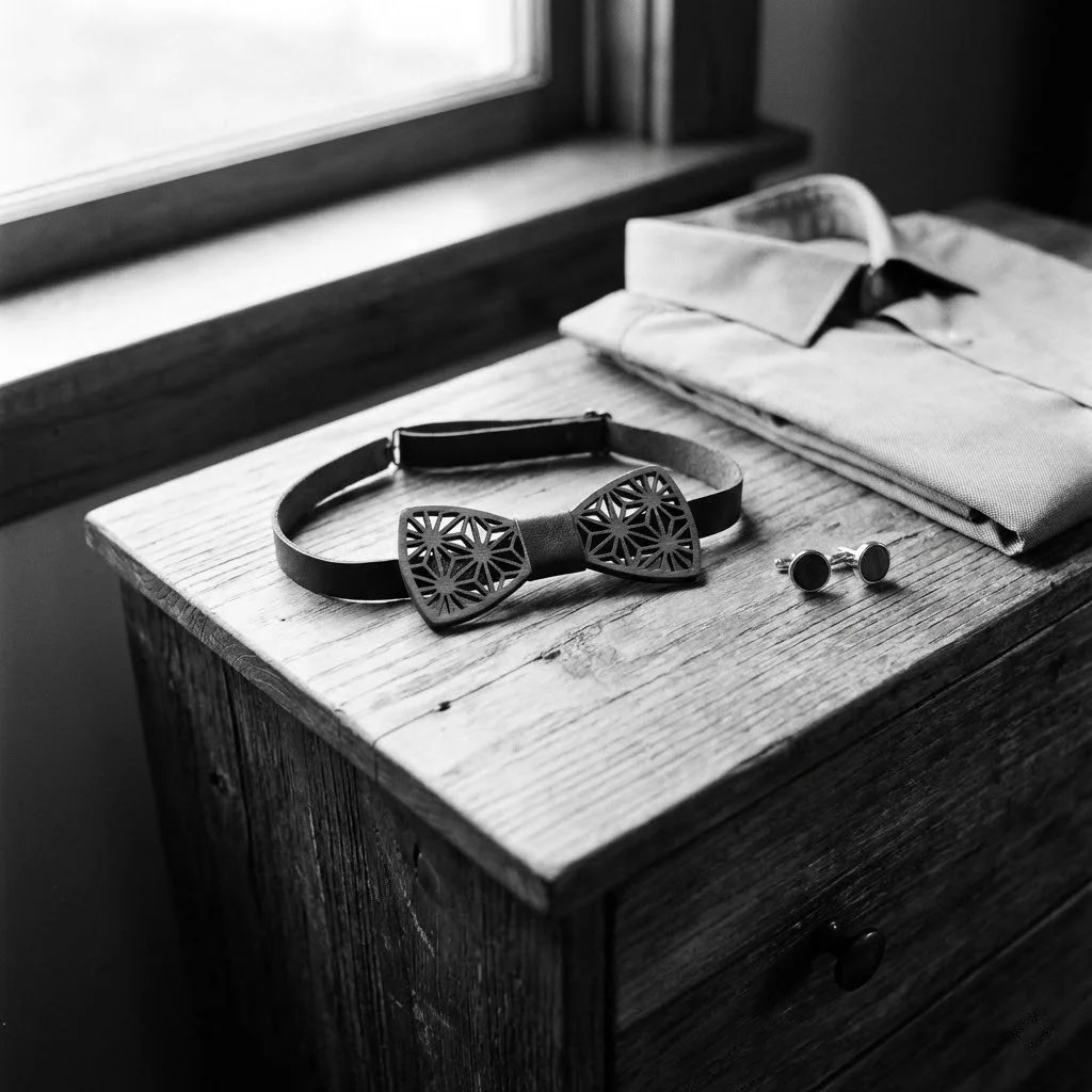 A wooden nightstand with a decorative bow tie collar, a pair of round cufflinks, a neatly folded shirt, and a window in the background.