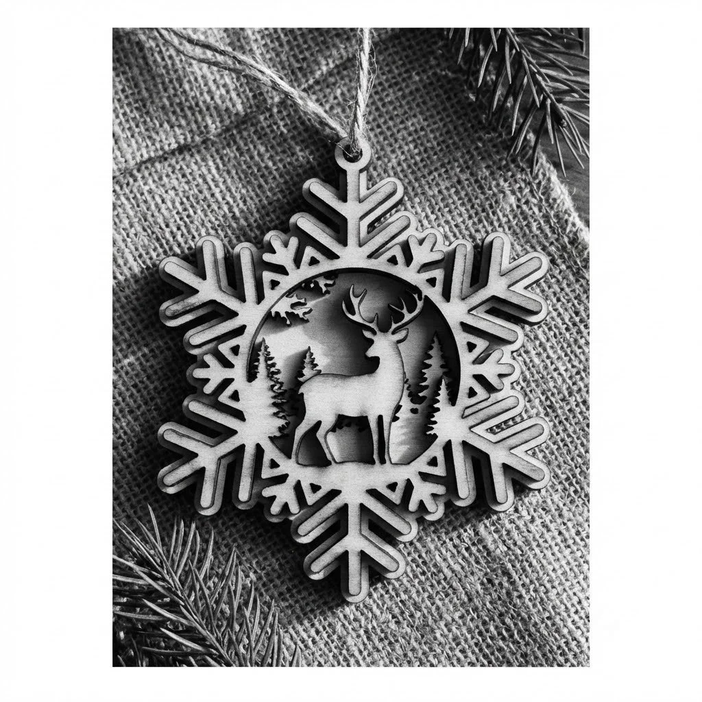A decorative Christmas ornament with a reindeer and pine trees inside a snowflake design, placed on a textured fabric surface with a pine branch nearby.