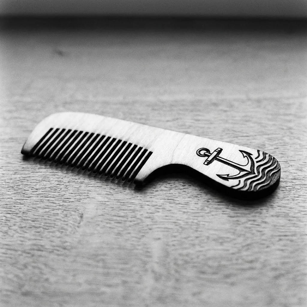 A metal comb with a design of an anchor and waves engraved on the handle, placed on a wooden surface.