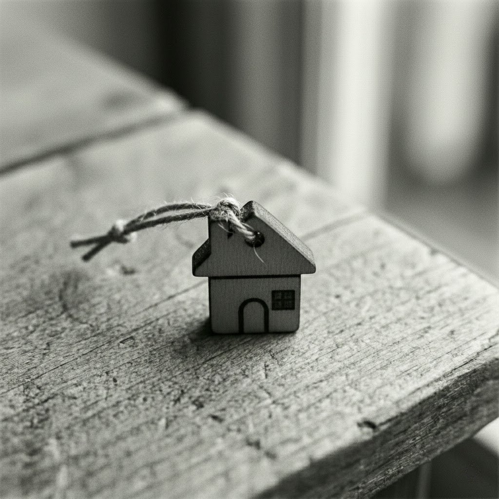 Small wooden house model with a string attached, placed on a textured wooden surface in black and white.