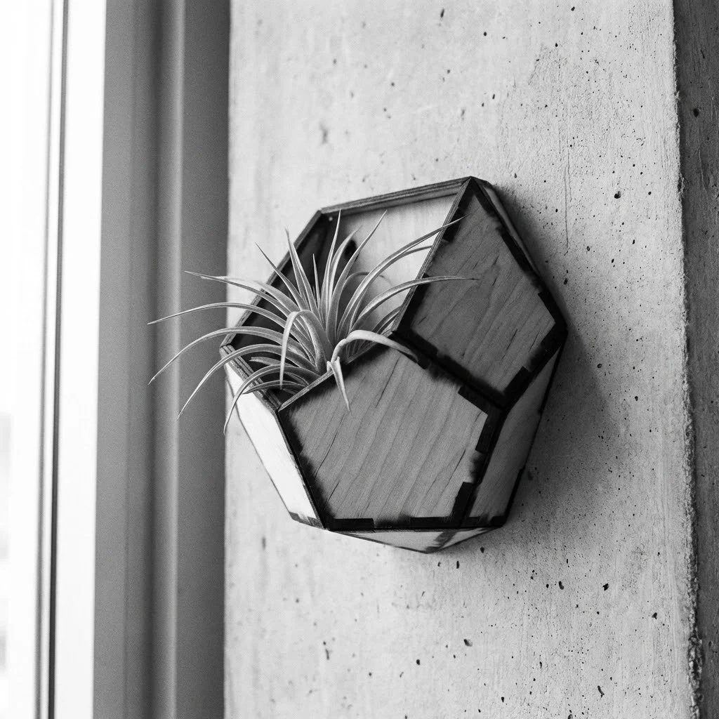 A geometric wooden wall planter with a small air plant inside, mounted on a concrete wall.