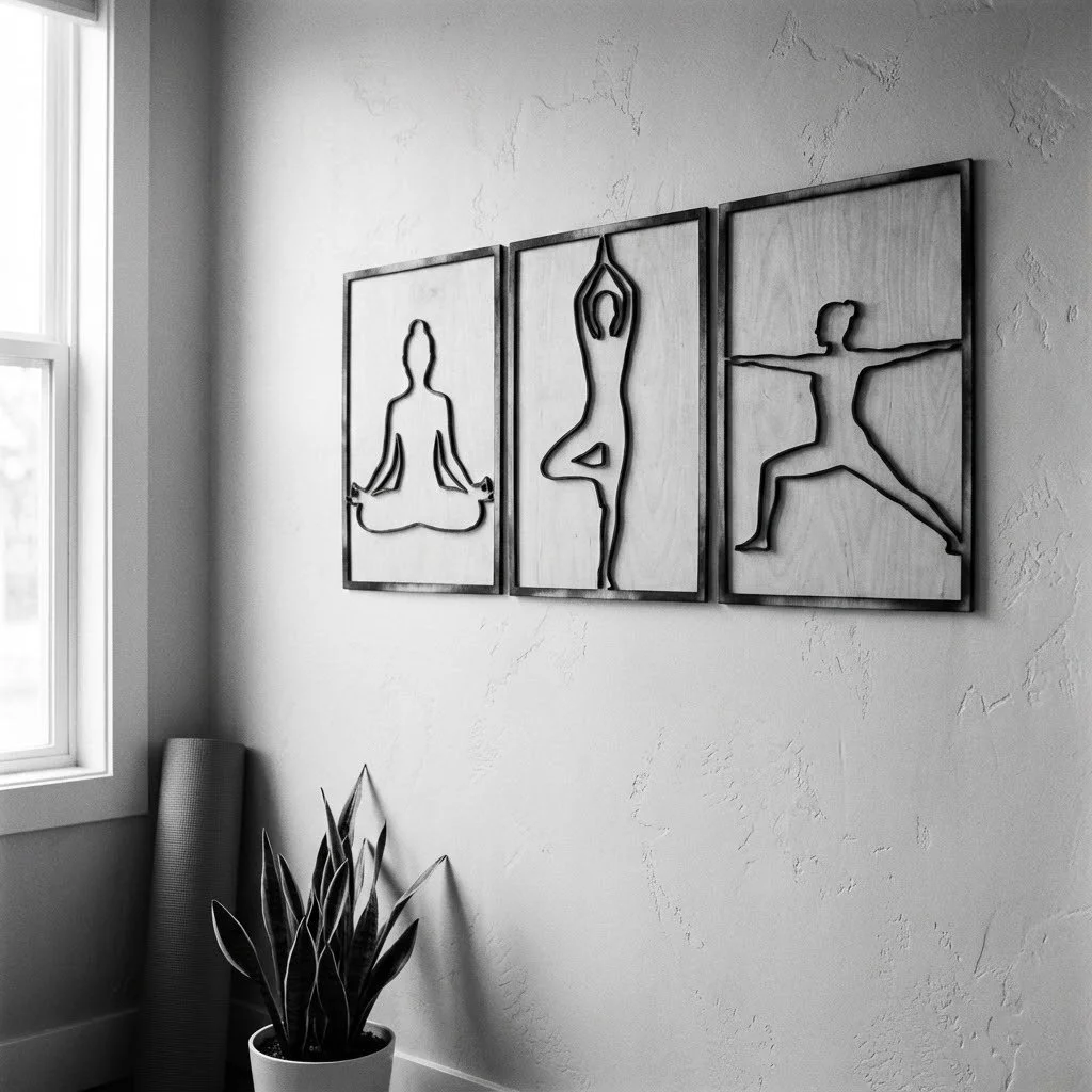 Decorative wall art featuring three minimalist black metal silhouettes of women in yoga poses, hanging on a white textured wall.
