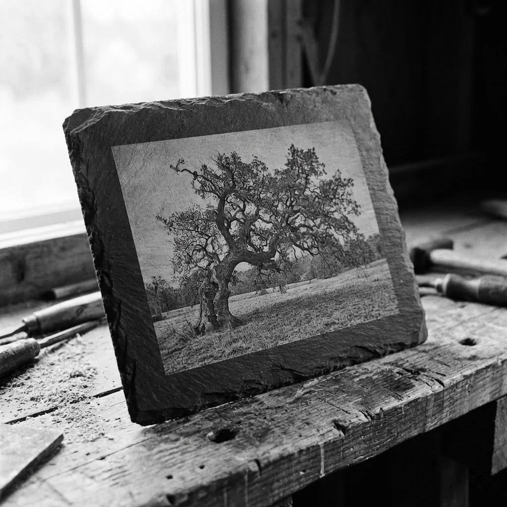 A black and white photo of a framed picture of a gnarled tree on a wooden workbench in a workshop.