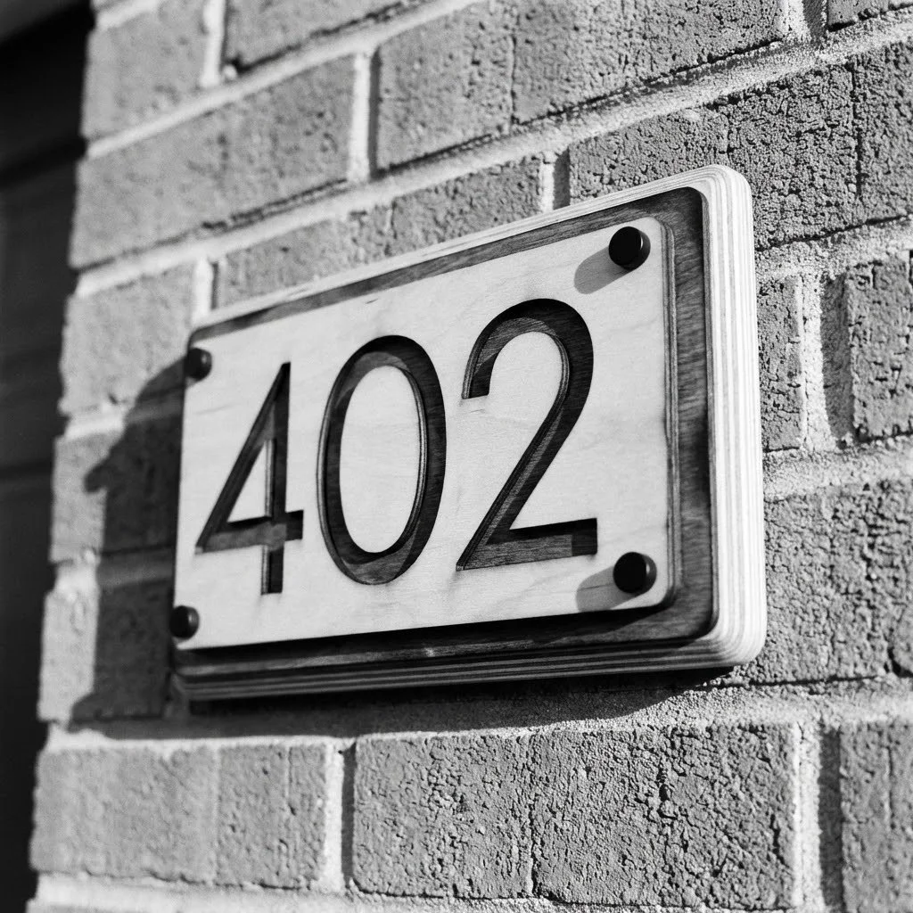 House number plaque with the number 402 mounted on a brick wall.