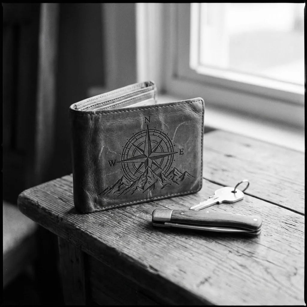 A leather wallet with a compass and mountain design, a set of keys, and a pocket knife on a wooden table near a window.