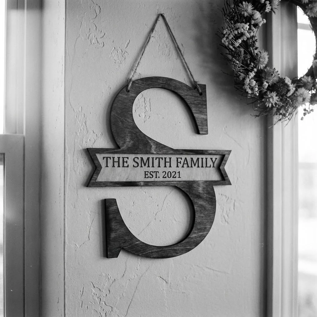 Wall hanging sign with large number 3, reading "The Smith Family Est. 2021," and a wreath of flowers partially visible on the right.