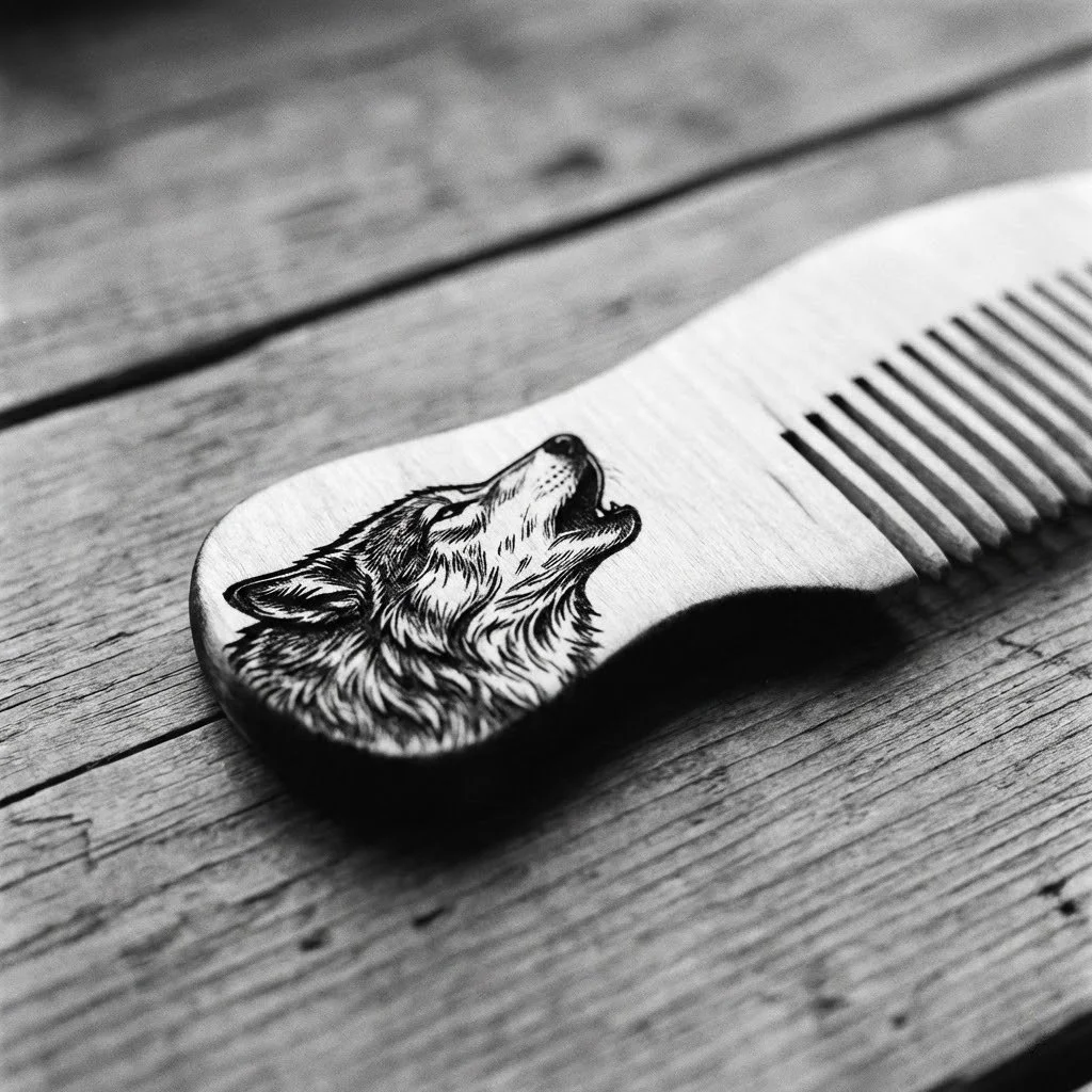 A comb with a detailed illustration of a howling wolf's head on the handle, resting on a wooden surface.