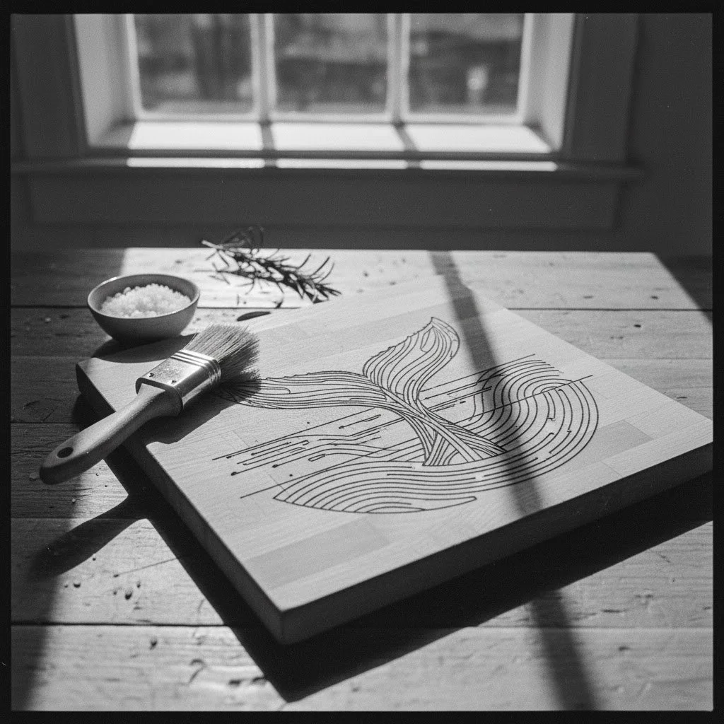 Black and white photo of a wooden table near a window with an abstract line art drawing on a wooden board, a paintbrush, a small bowl of salt, and a sprig of herbs.