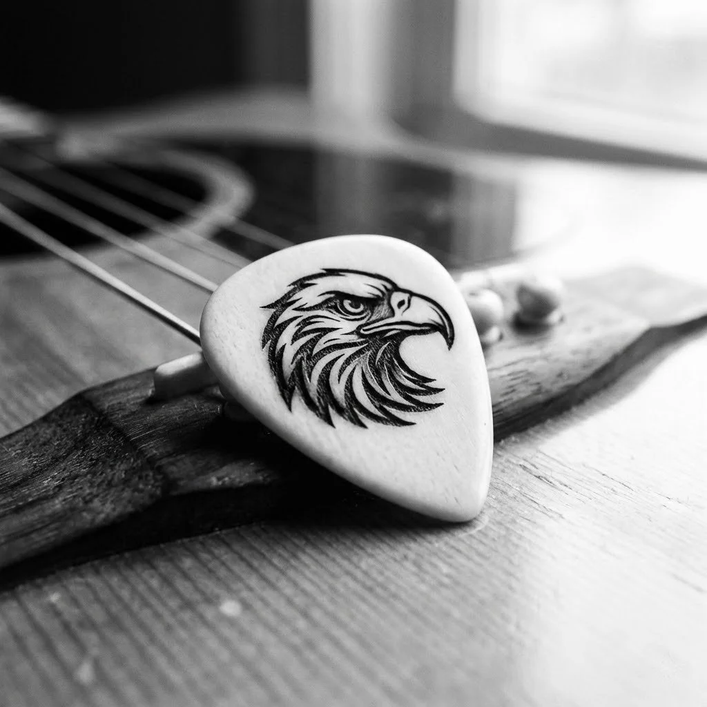 A guitar pick with a black and white eagle head design, resting on a claw-shaped wooden object on a wooden surface, with a guitar neck and strings in the background.