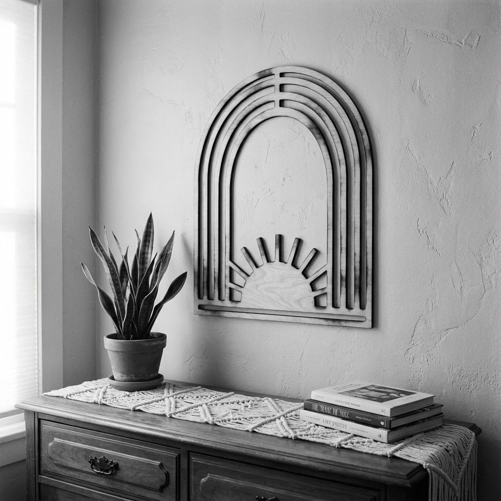 Interior decor featuring a potted plant, a wooden dresser with a woven runner, a stack of books, and a geometric rainbow wall art with a sun motif in black and white.