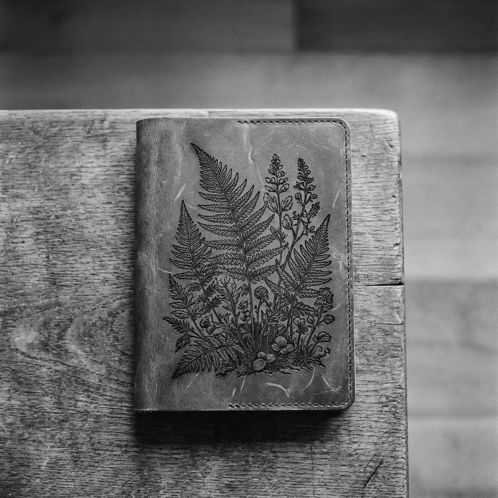 A closed leather notebook with a botanical illustration of ferns and other plants on the cover, placed on a textured wooden surface.