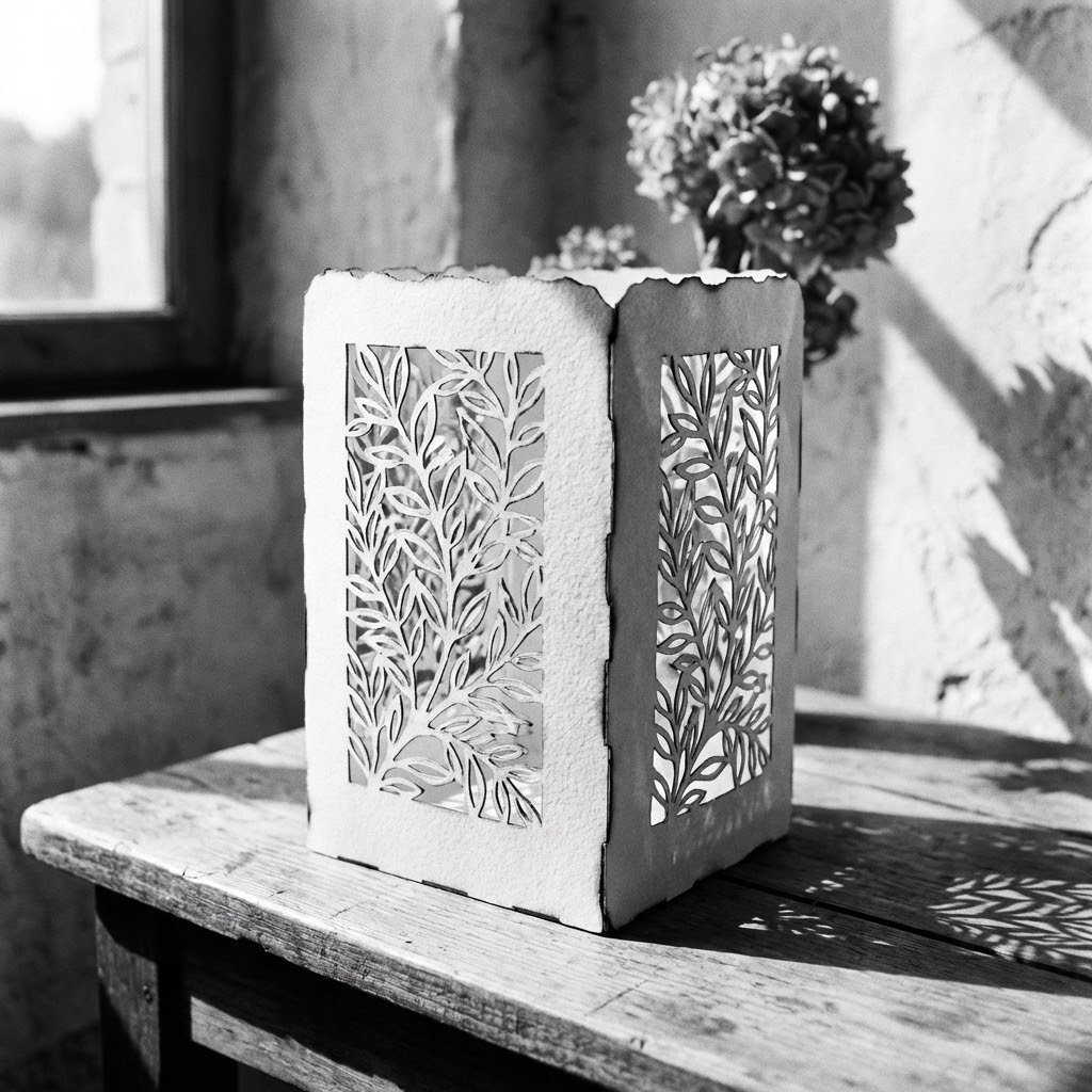 A decorative lantern with cut-out leaf patterns, sitting on a wooden table near a window with sunlight casting shadows.