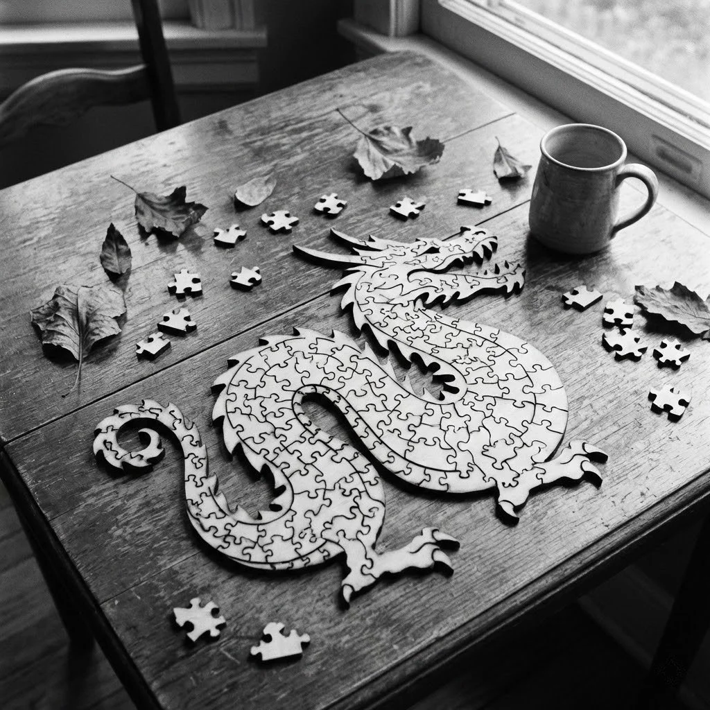 A wooden table with a dragon puzzle, puzzle pieces, and dried autumn leaves, next to a mug and a window with natural light.