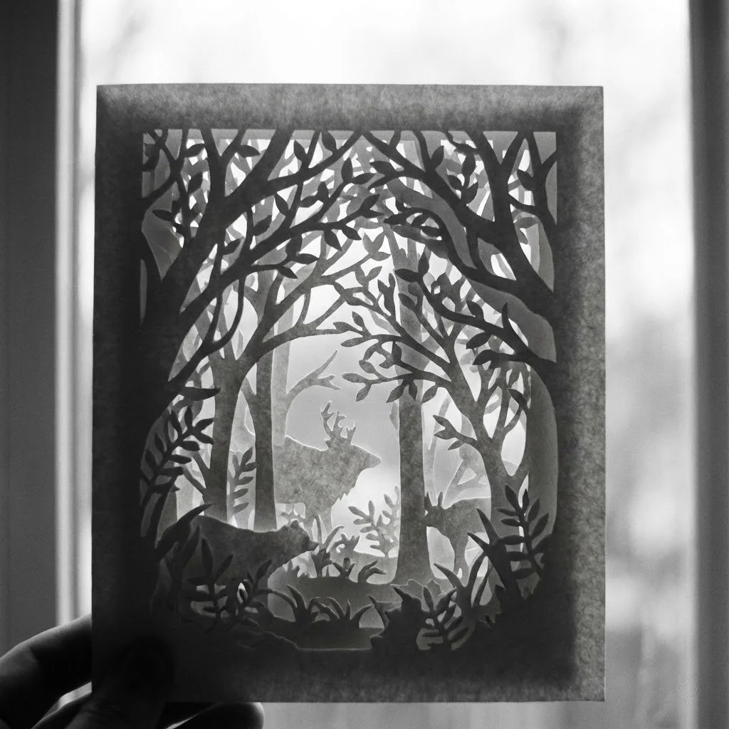 Black and white paper cutout depicting a forest scene with trees and two deer, with light shining through the cutout.