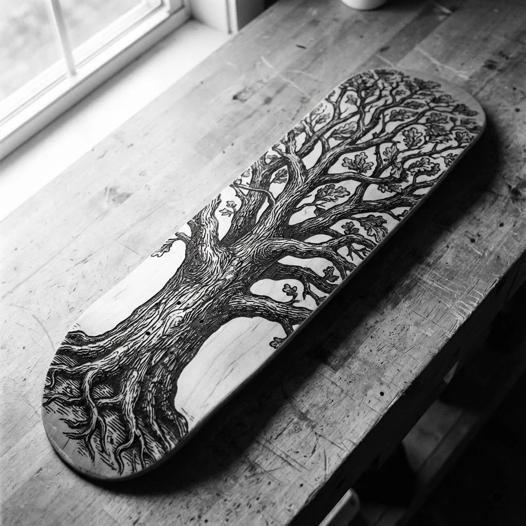 Skateboard deck with a detailed black and white illustration of a large tree with many branches and leaves, placed on a wooden surface near a window.