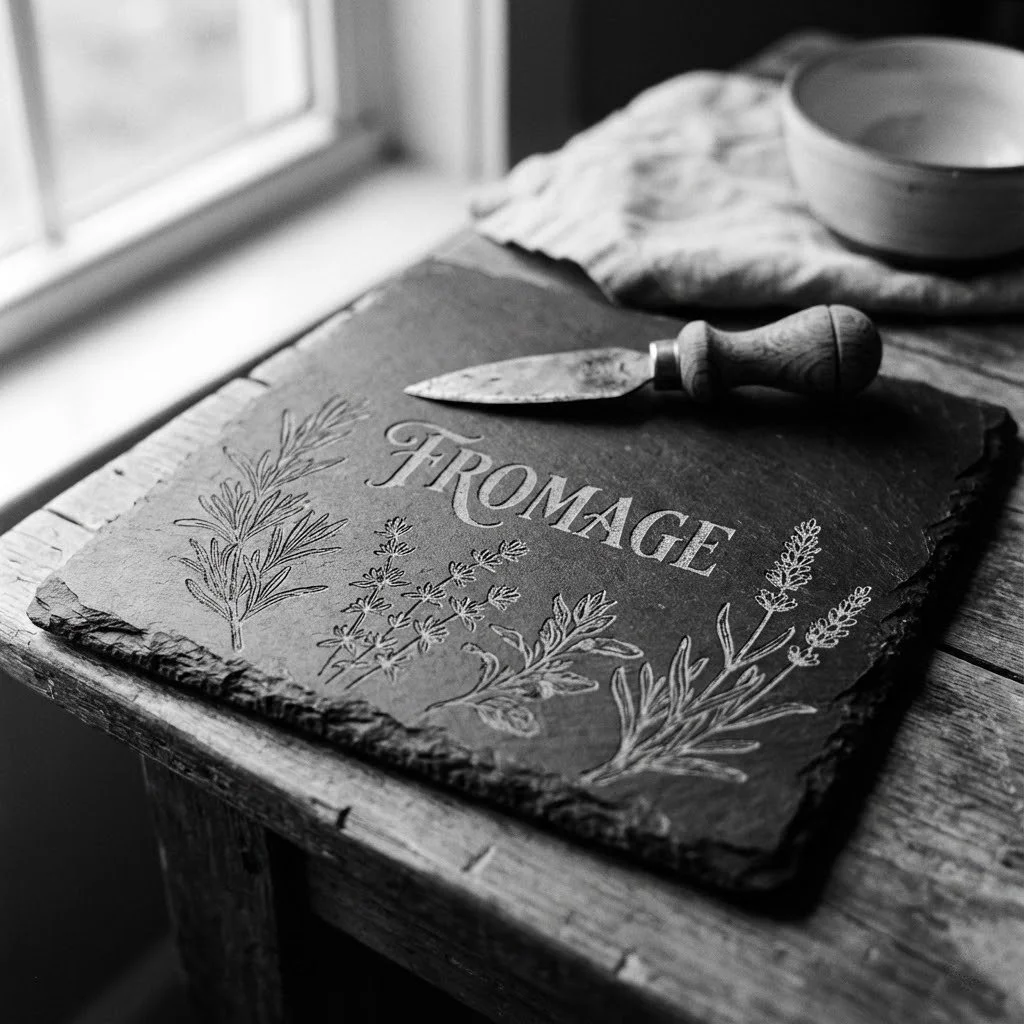 A slate cheese board with the word 'FROMAGE' engraved on it, placed on a rustic wooden table near a window. A cheese knife rests on top of the board, and a bowl and cloth are in the background.
