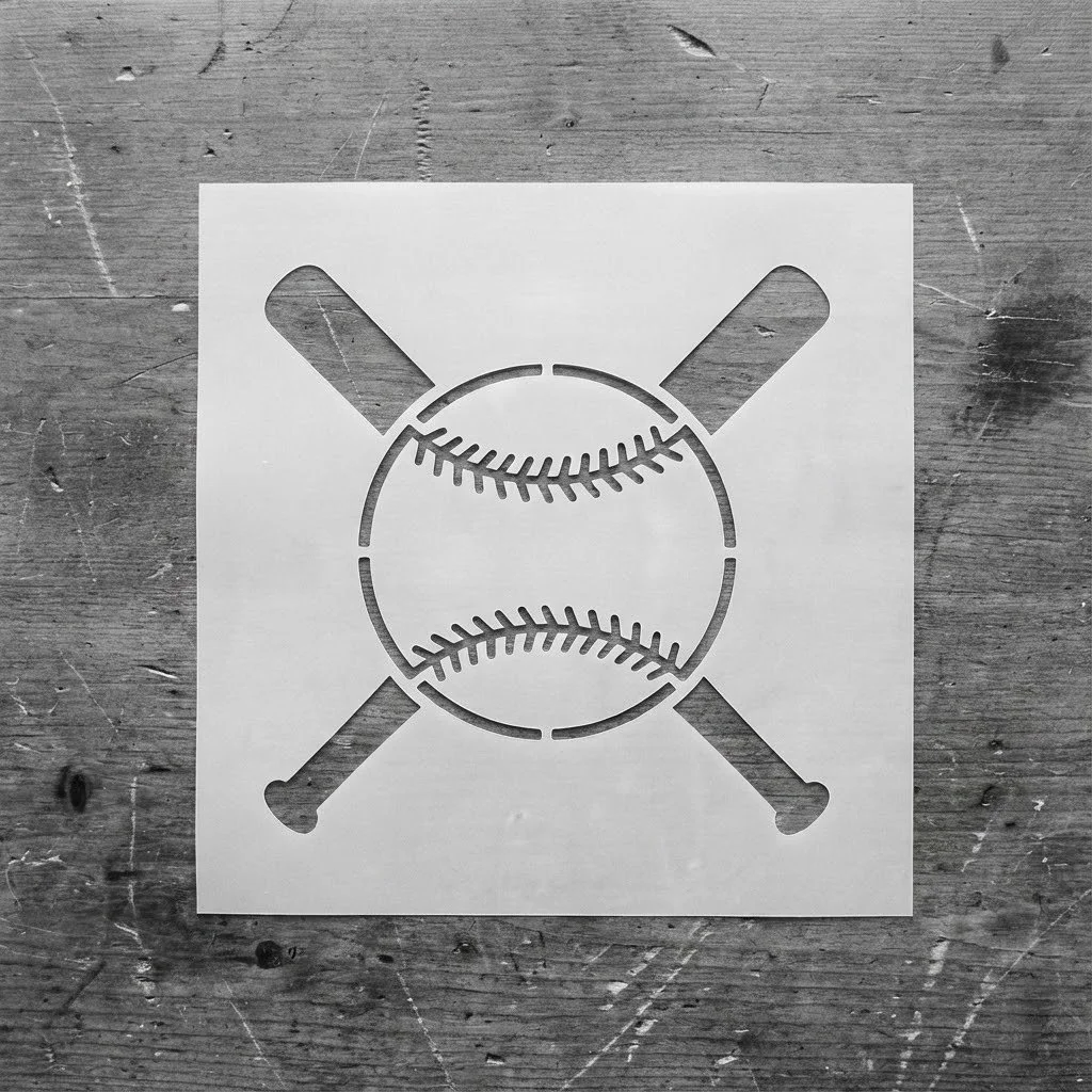 Stencil art of a baseball with two crossed baseball bats behind it, on a wooden surface.