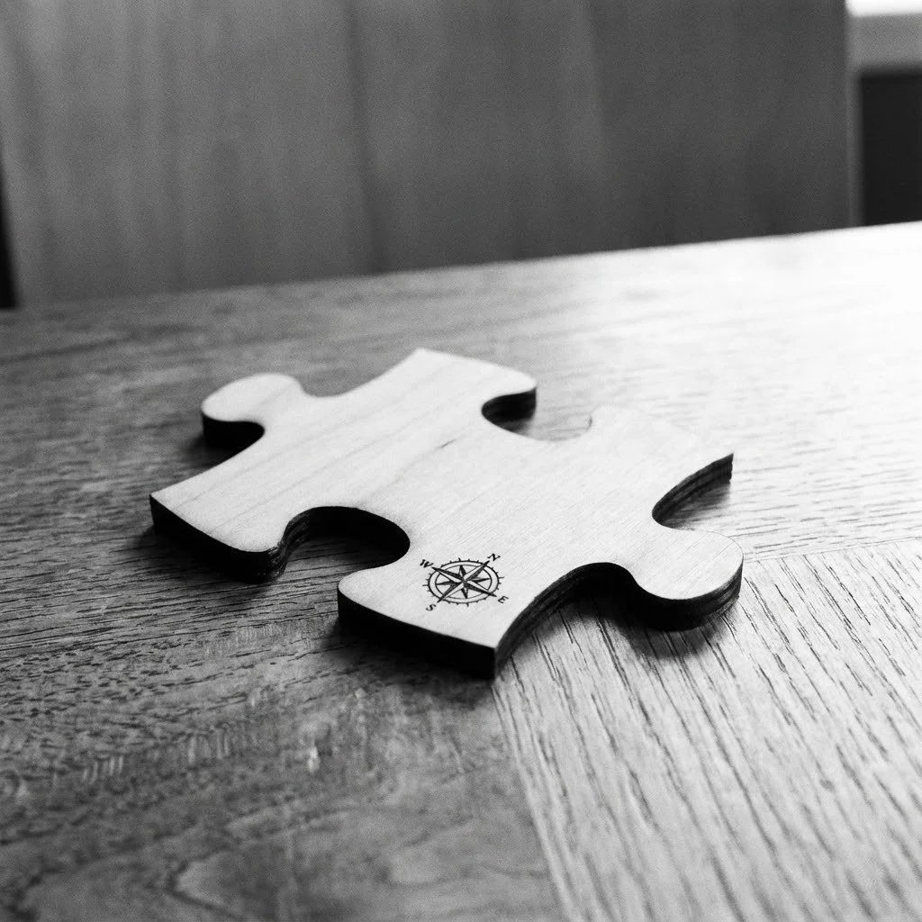 A single jigsaw puzzle piece with a compass design on it, resting on a wooden surface.
