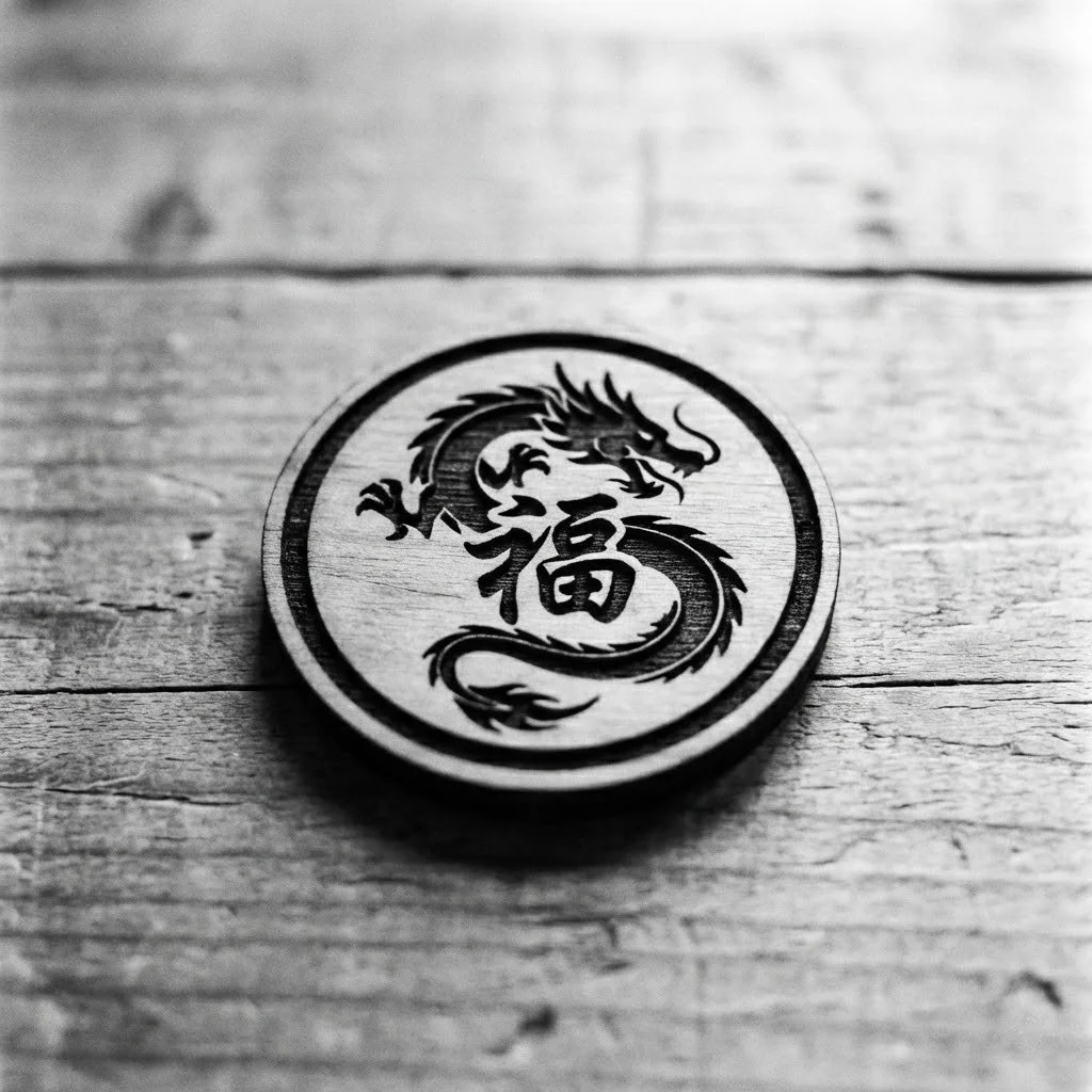 A wooden coin with a dragon and Chinese character design, placed on a wooden surface.
