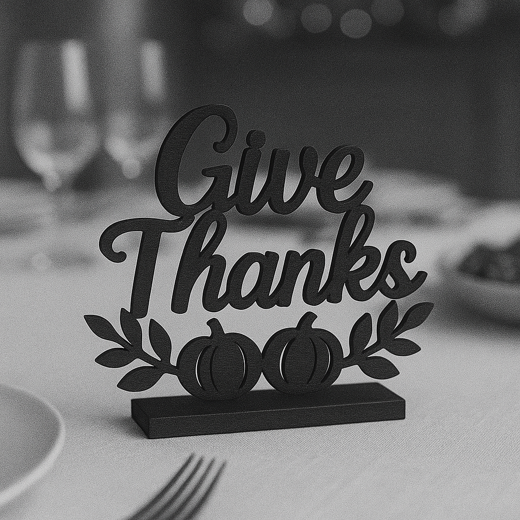 Black decorative table sign that says 'Give Thanks' with pumpkin and leaf designs, placed on a table at a dining setting.