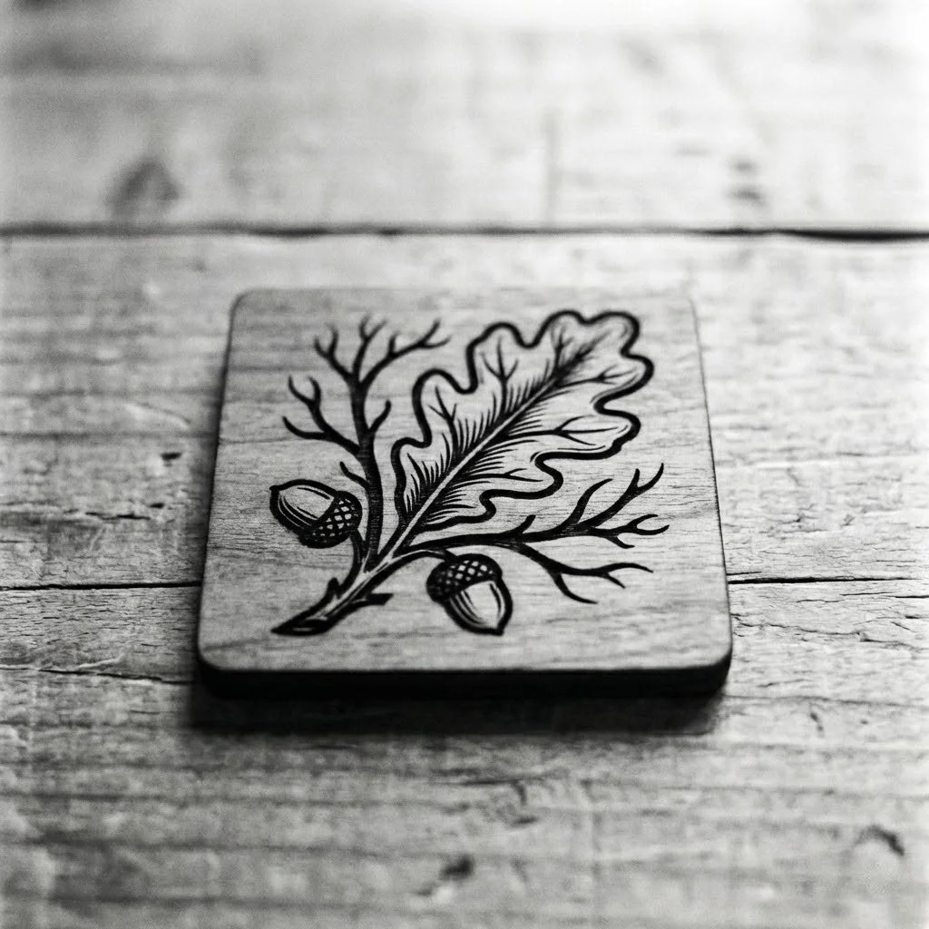 Black-and-white drawing of an oak leaf, acorns, and a small tree on a wooden surface.