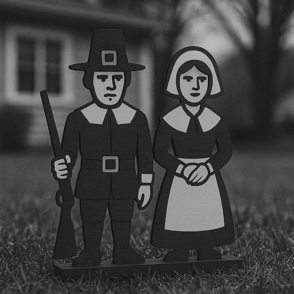 A black and white photo of miniature cartoon figures of a Pilgrim man and woman standing outdoors on grass.