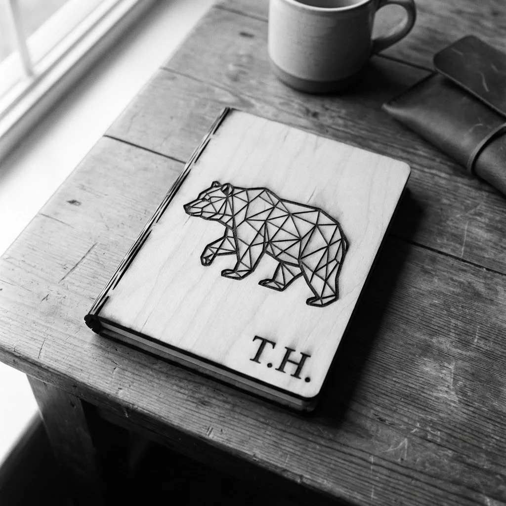 A notebook with a geometric bear design and the initials 'T.H.' on the cover, placed on a wooden table near a coffee mug, a closed wallet, and a smartphone.