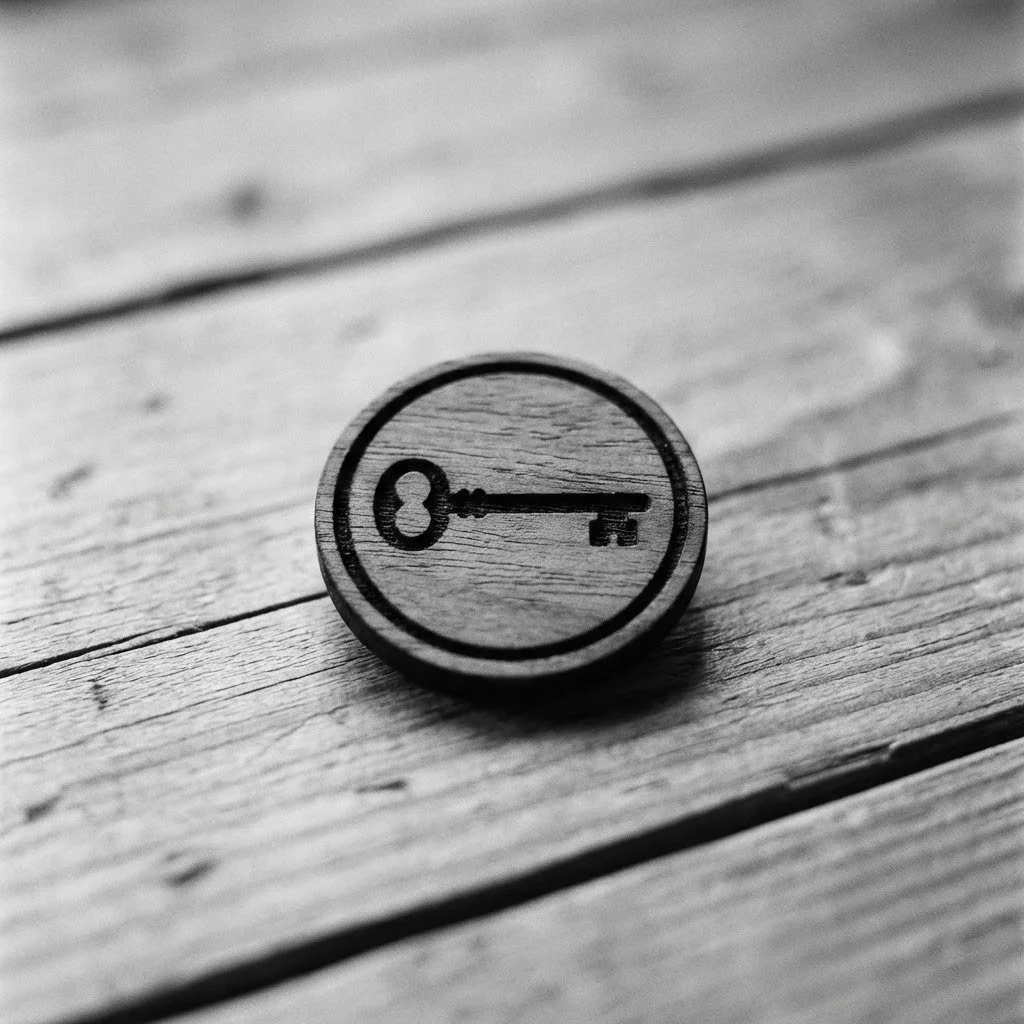 A round wooden token with a black clock face design showing the time as 3 o'clock, resting on a wooden surface.