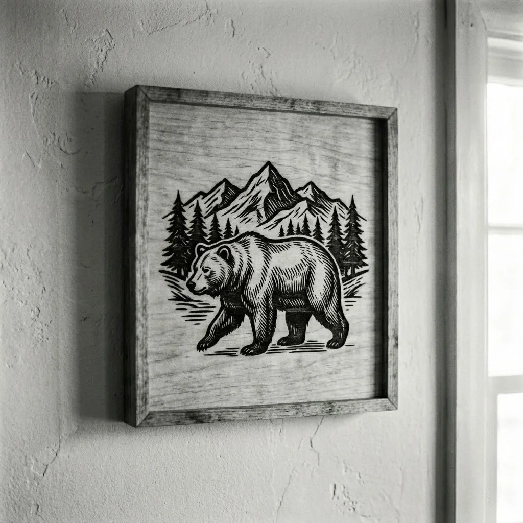 Black and white wooden framed artwork of a bear, trees, and mountains on a textured light wall near a window