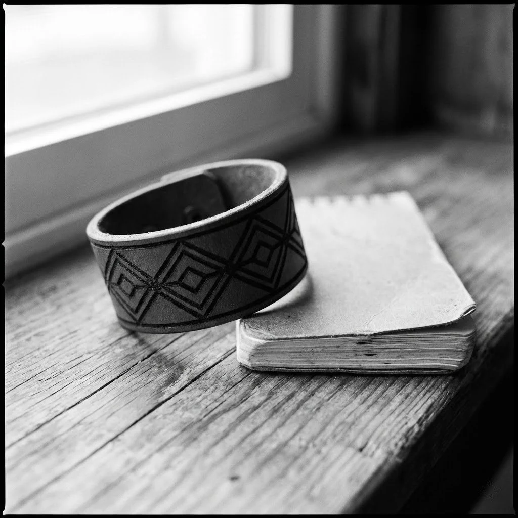 A black patterned ring resting on a stack of paper on a wooden surface near a window.