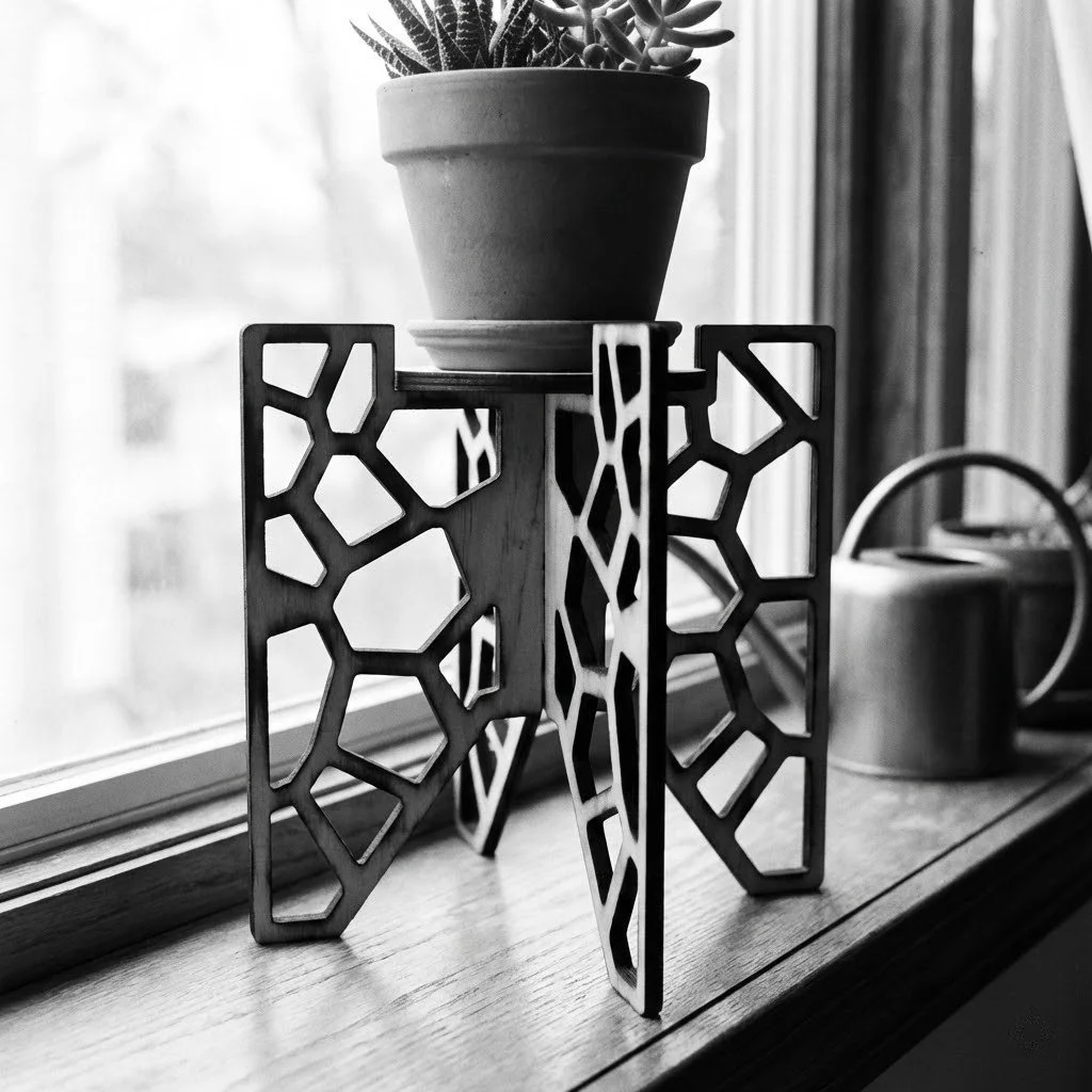 A potted plant on a decorative stand next to a window, with a kettle nearby.