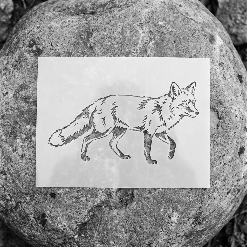 Line drawing of a fox on a piece of paper, placed on a rock.