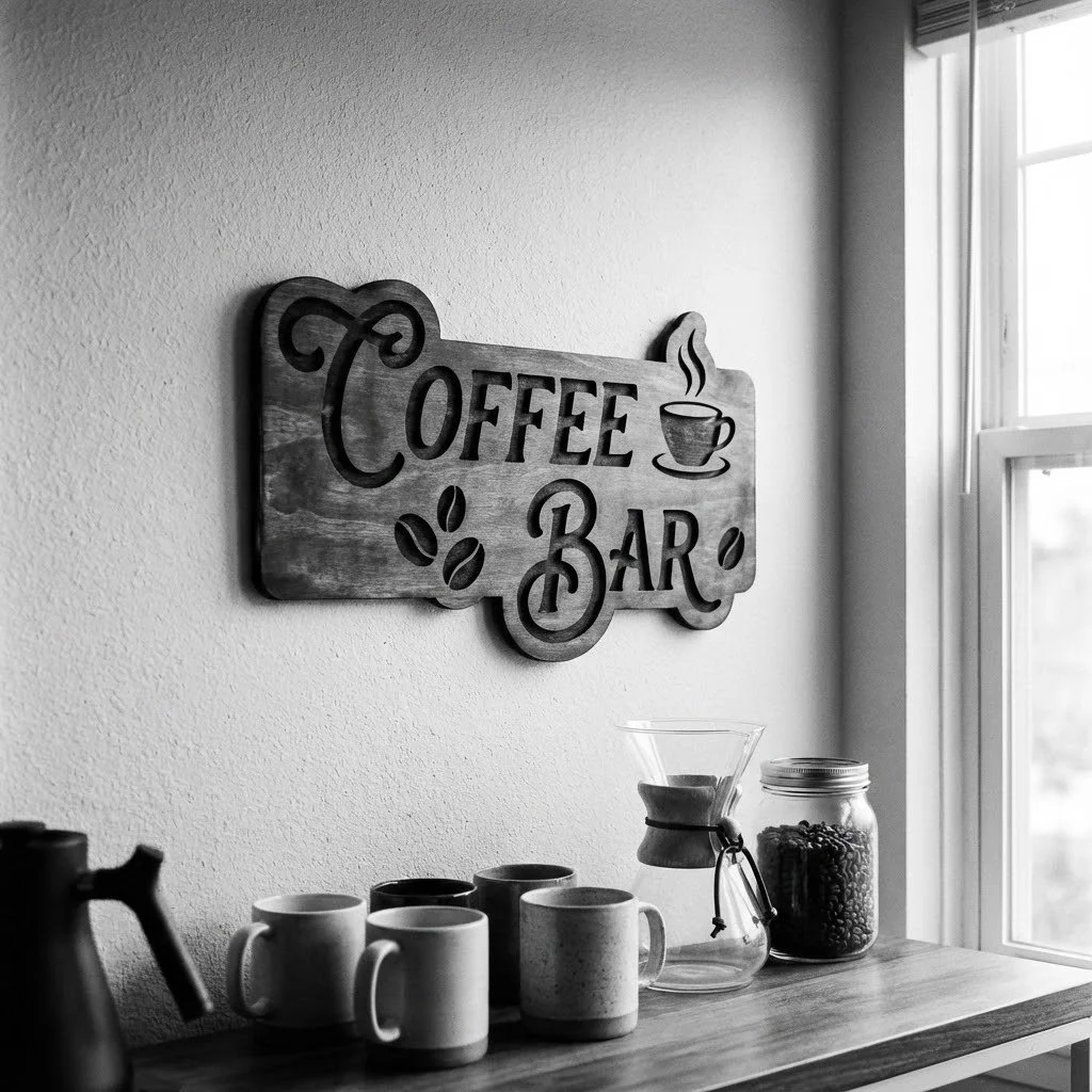 Black and white photo of a coffee bar with a wooden sign on the wall reading 'Coffee Bar' with a steaming coffee cup illustration. On the table are coffee mugs, a Chemex coffee maker, and a jar of coffee beans near a window.