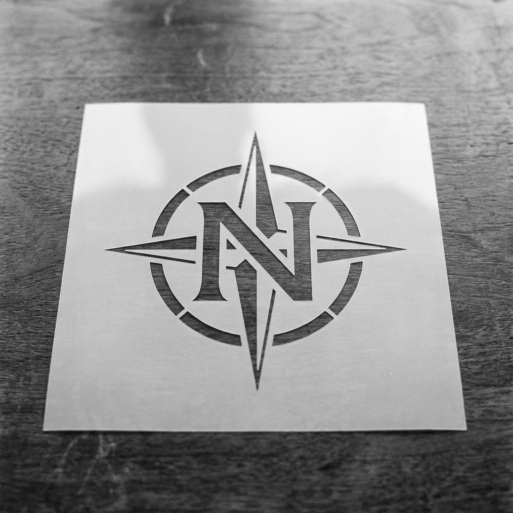 A sheet of paper with a cut-out design of a compass rose with the letters 'N' and 'A' in the center, placed on a wooden surface.