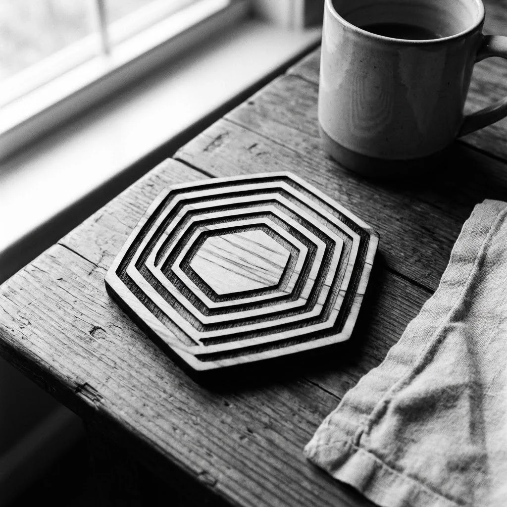 A black and white photo of a wooden table with a set of nested, hexagonal-shaped cutting boards, a ceramic mug, and a cloth napkin near a window.
